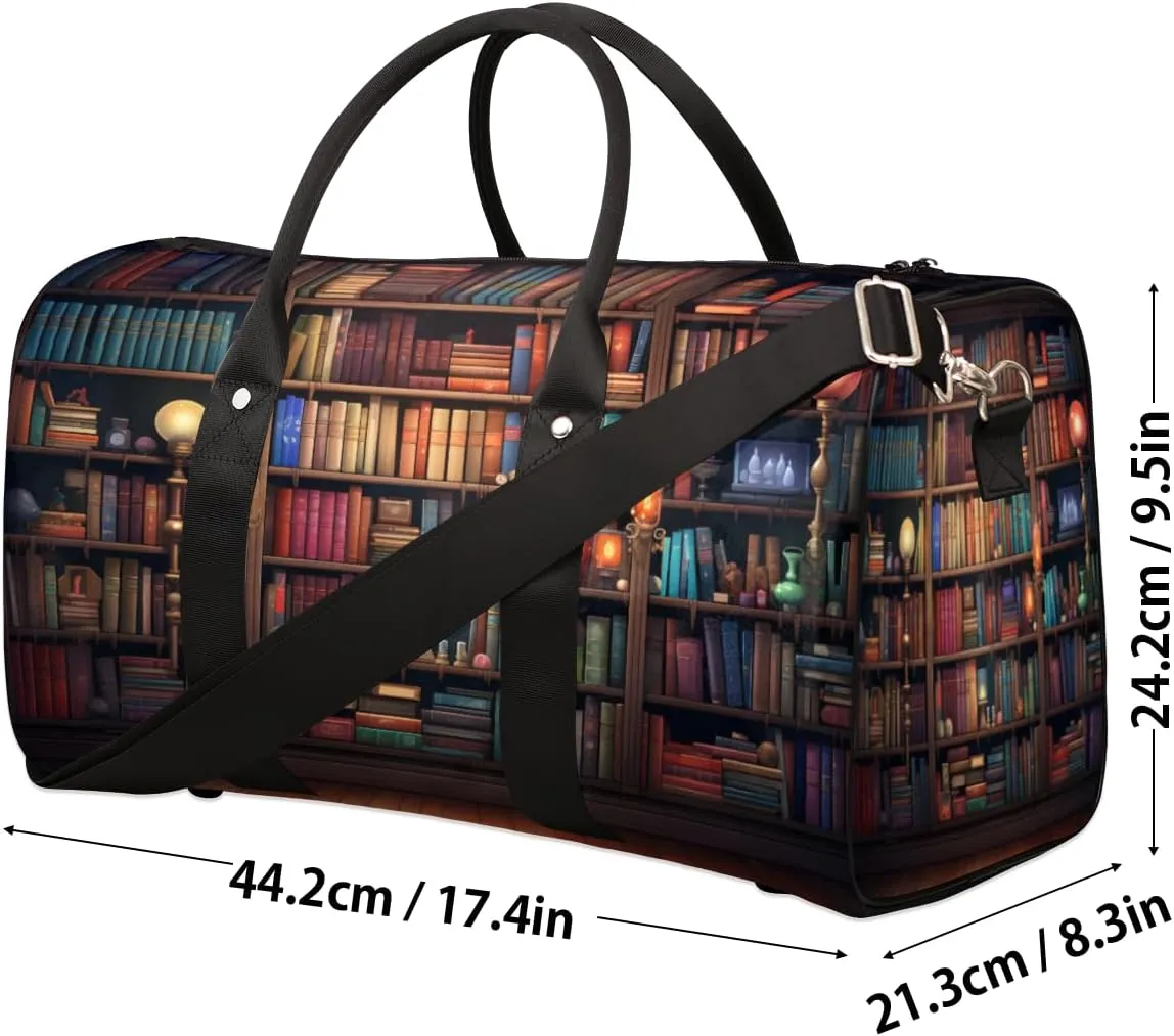 Library Travel Duffle Bag, Sports Gym Bags for Women Men, Carry On Weekender Overnight Bag, Library Bookshelf Workout Hospital Airplane Trips Bag