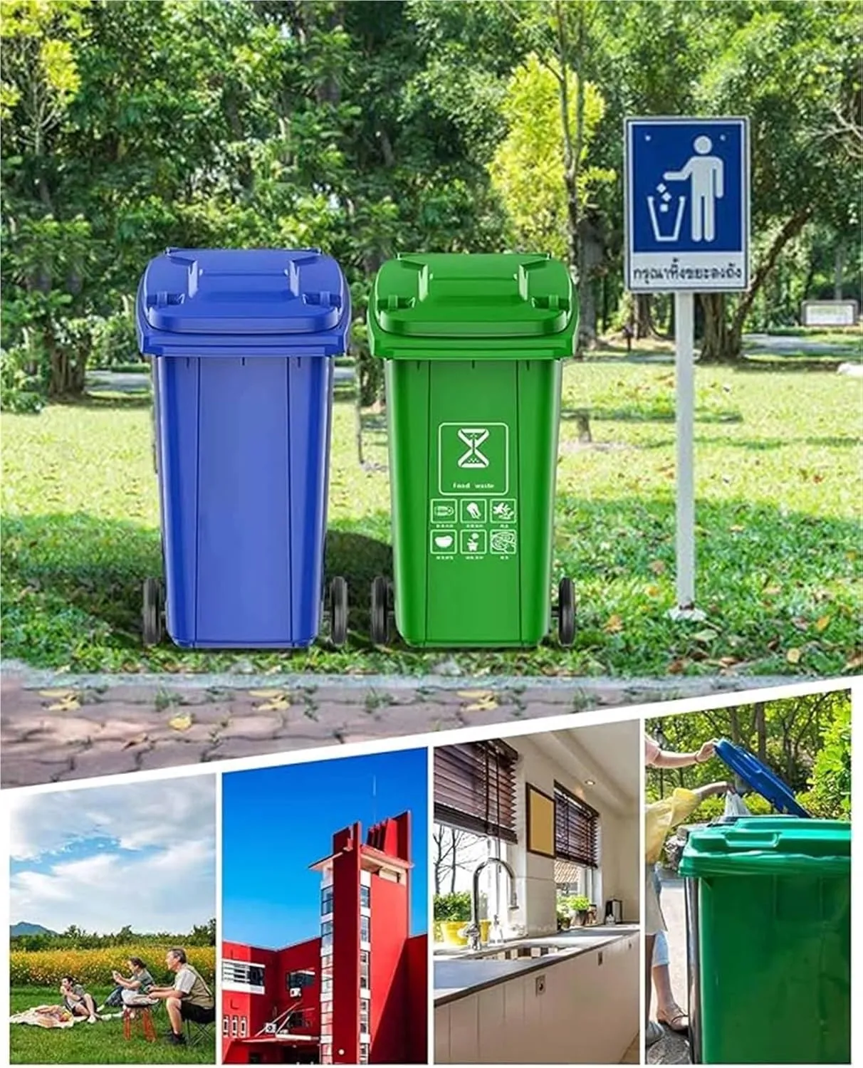 LICOME Large Kitchen Trash Can Terrace Patio Garbage Can Outdoor Wheeled Trash Container with Lid,100-Pcs Storage Bag(Black,18 Gallon)