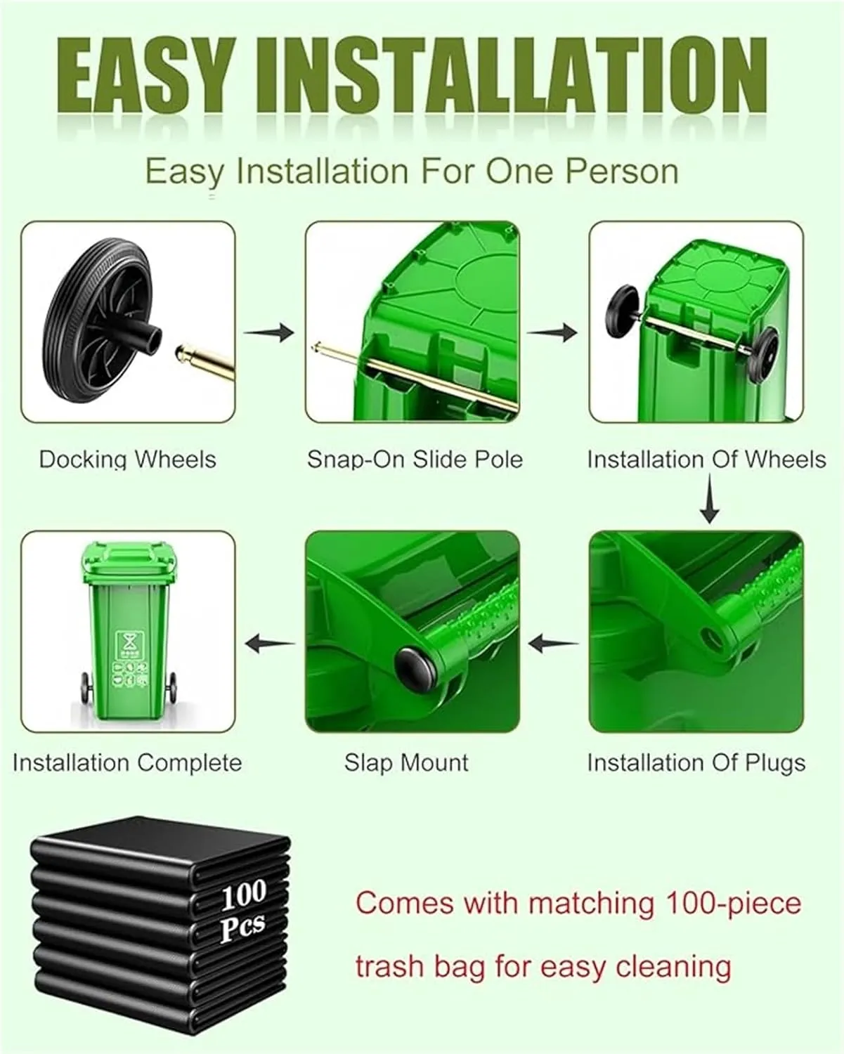 LICOME Large Kitchen Trash Can Terrace Patio Garbage Can Outdoor Wheeled Trash Container with Lid,100-Pcs Storage Bag(Black,18 Gallon)