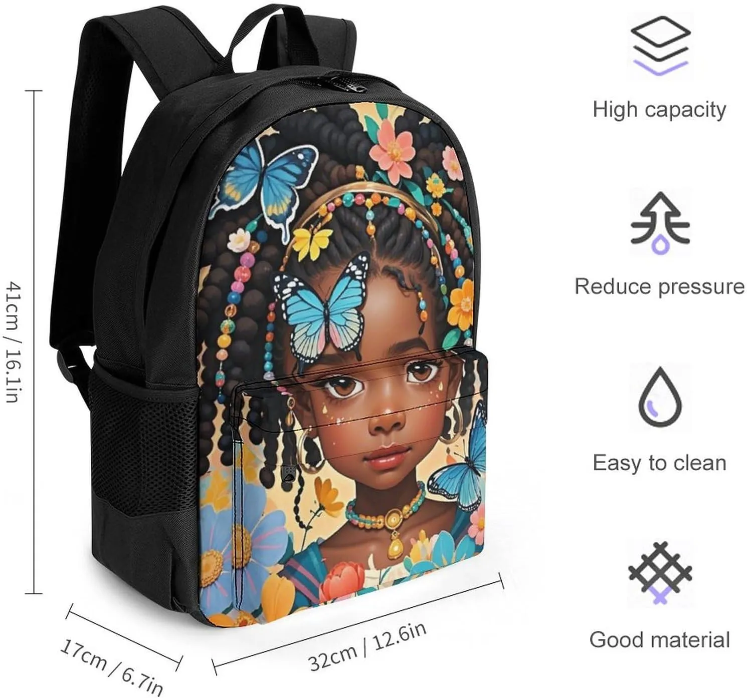 Lightweight Backpack for Gym Travel Bicycle - Big Capacity Multipurpose Anti-Theft Carry On Bag, Colorful Afro American Black Woman With Butterflies Art Travel Hiking Bag & Day Pack