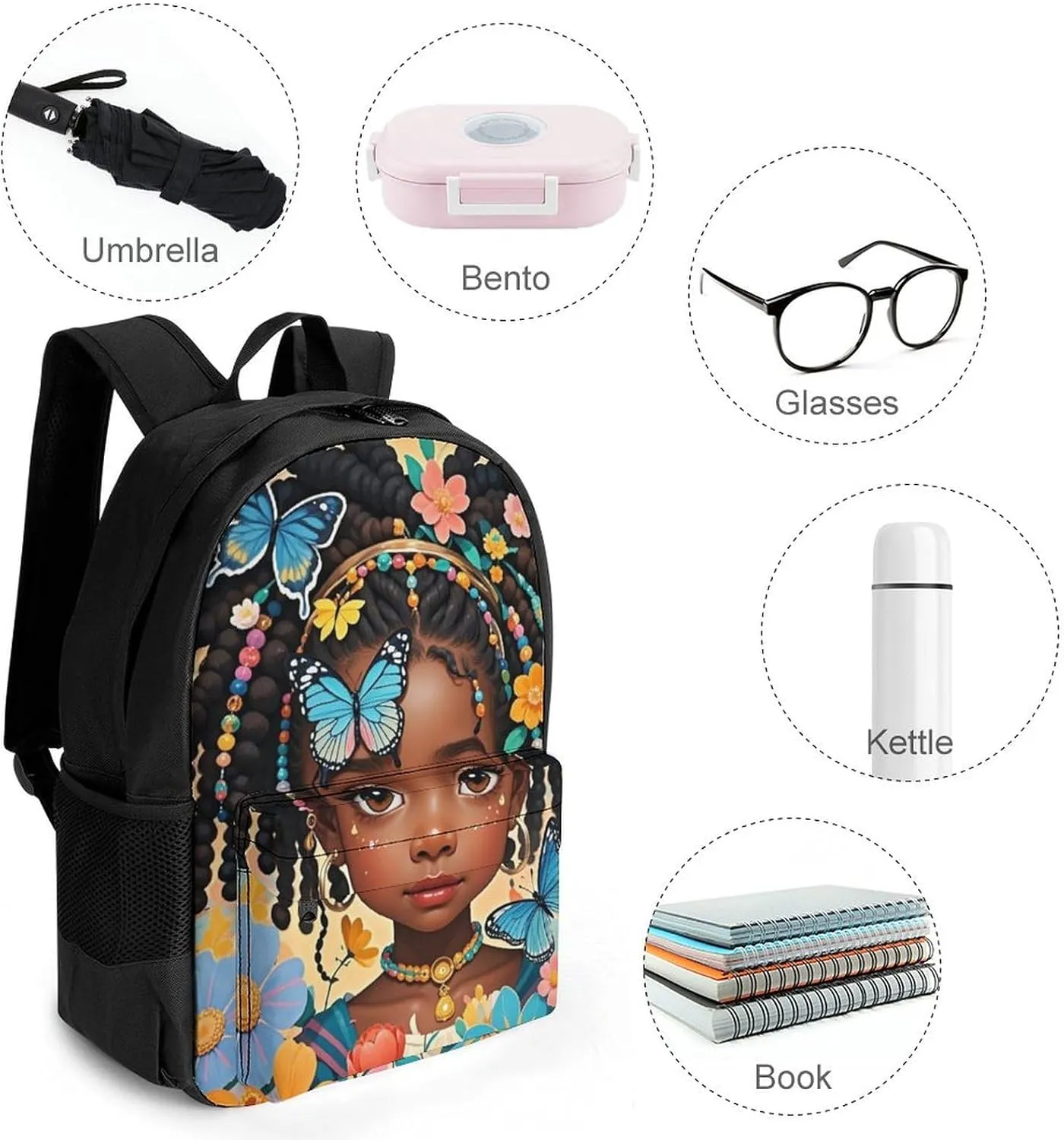 Lightweight Backpack for Gym Travel Bicycle - Big Capacity Multipurpose Anti-Theft Carry On Bag, Colorful Afro American Black Woman With Butterflies Art Travel Hiking Bag & Day Pack