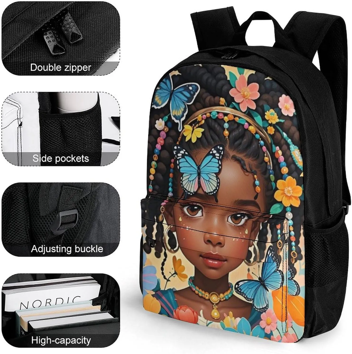 Lightweight Backpack for Gym Travel Bicycle - Big Capacity Multipurpose Anti-Theft Carry On Bag, Colorful Afro American Black Woman With Butterflies Art Travel Hiking Bag & Day Pack