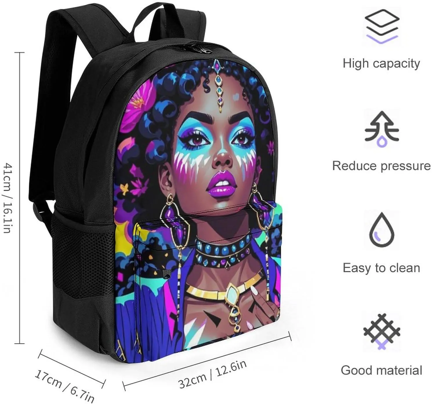Lightweight Daypack Bookbag for Trekking Business Walking Cycling - Big Capacity Anti-Theft Multipurpose Carry On Bag, Cool African American Woman Bold And Colorful Art Business Computer Bag