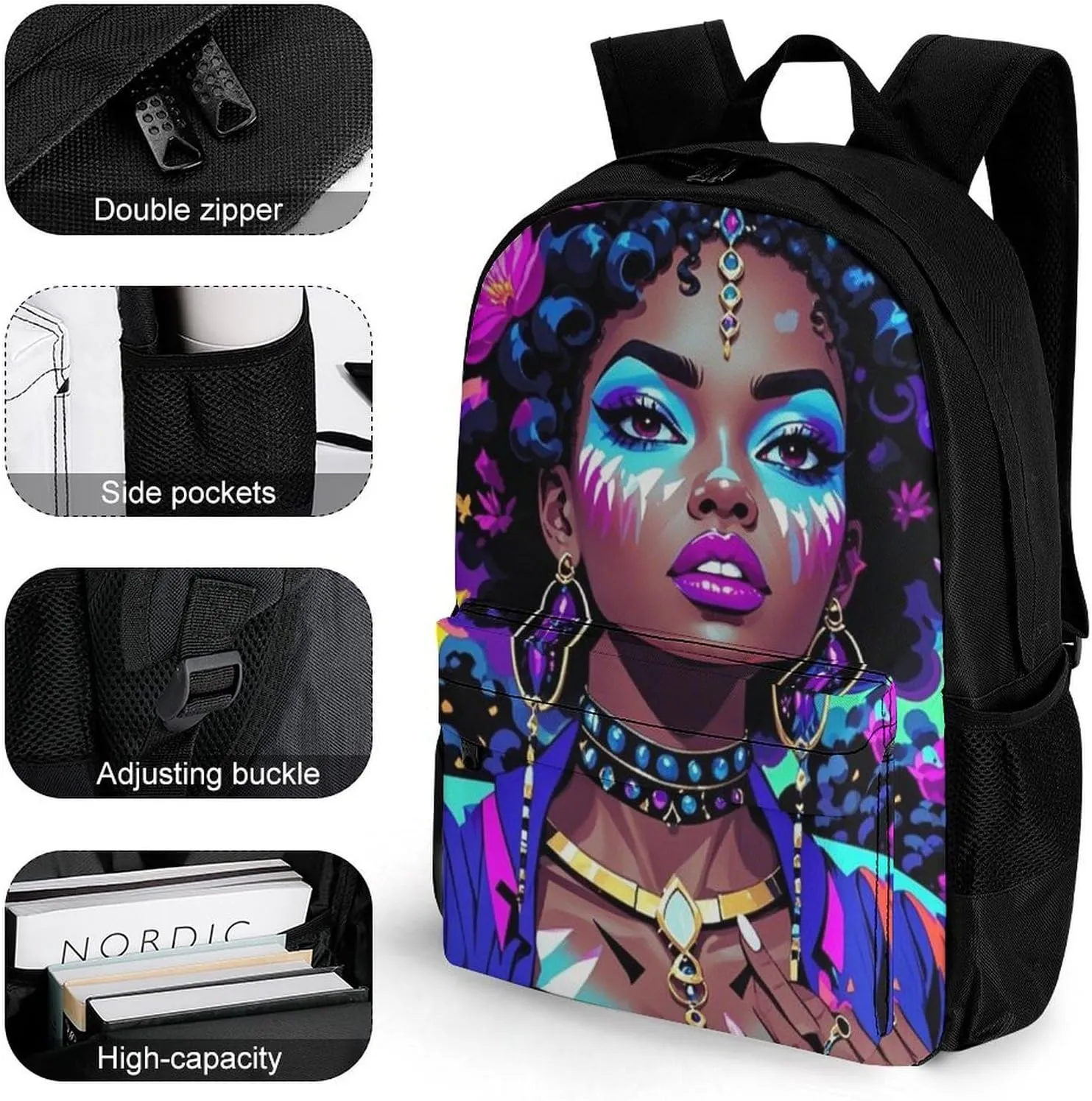 Lightweight Daypack Bookbag for Trekking Business Walking Cycling - Big Capacity Anti-Theft Multipurpose Carry On Bag, Cool African American Woman Bold And Colorful Art Business Computer Bag