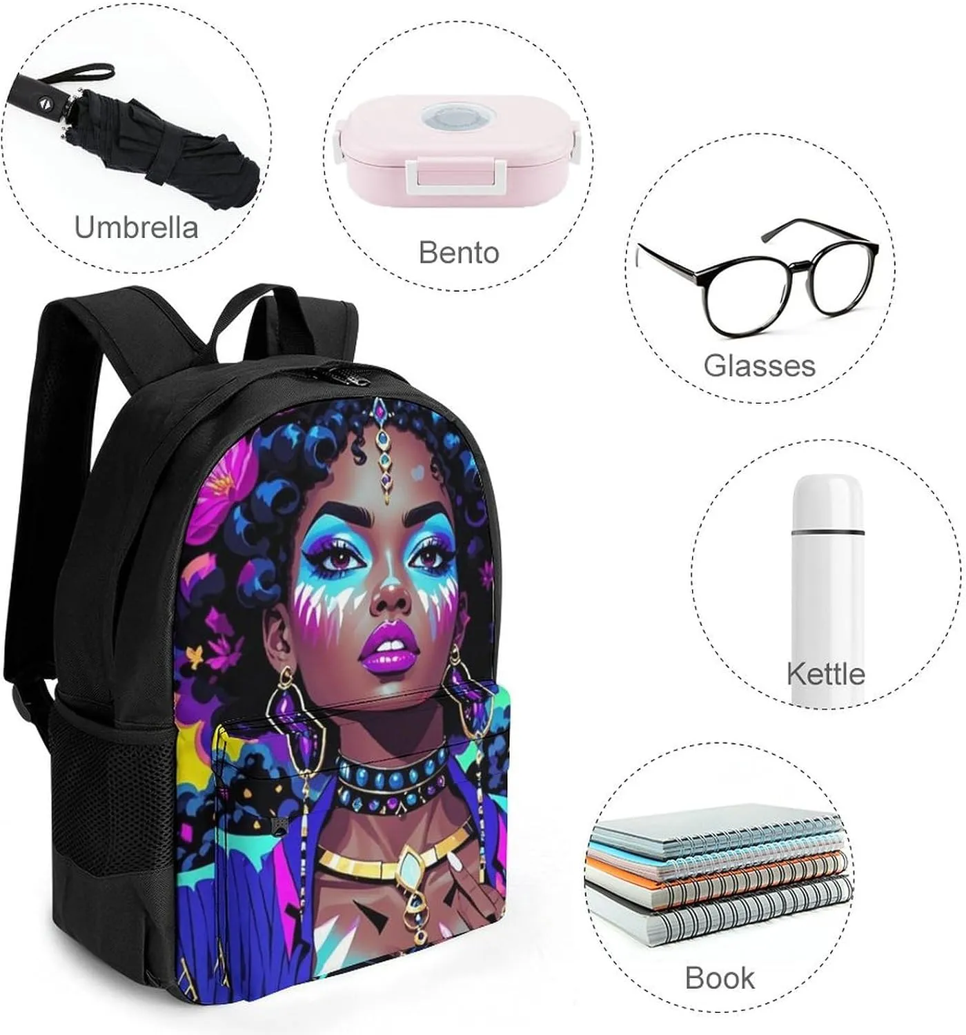 Lightweight Daypack Bookbag for Trekking Business Walking Cycling - Big Capacity Anti-Theft Multipurpose Carry On Bag, Cool African American Woman Bold And Colorful Art Business Computer Bag