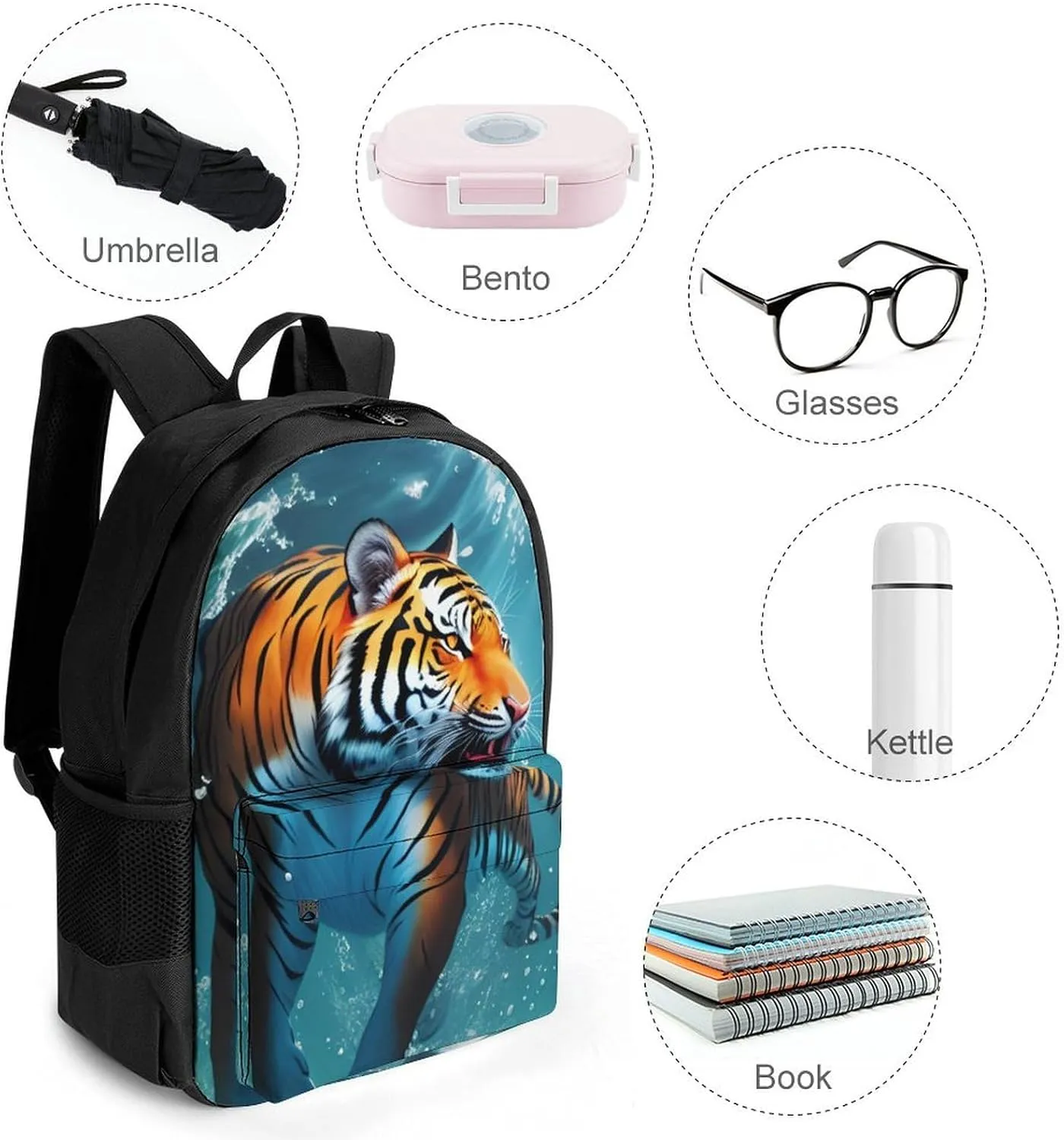 Lightweight Daypack for Camping Business Walking Cycling - Large Capacity Anti-Theft Multipurpose Bookbag, Beautiful Water Animal Tiger Abstract Art Gym Outdoor Hiking Backpack