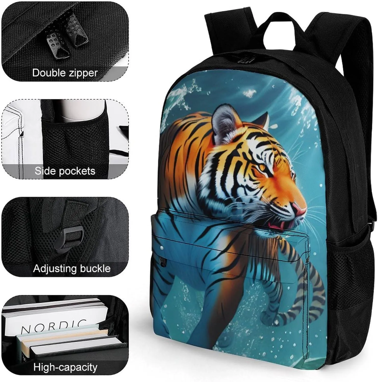 Lightweight Daypack for Camping Business Walking Cycling - Large Capacity Anti-Theft Multipurpose Bookbag, Beautiful Water Animal Tiger Abstract Art Gym Outdoor Hiking Backpack