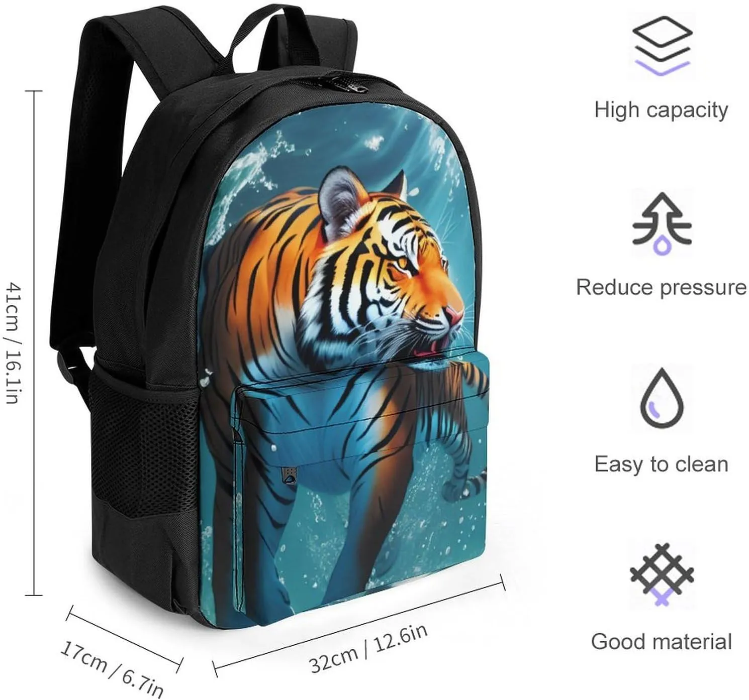 Lightweight Daypack for Camping Business Walking Cycling - Large Capacity Anti-Theft Multipurpose Bookbag, Beautiful Water Animal Tiger Abstract Art Gym Outdoor Hiking Backpack