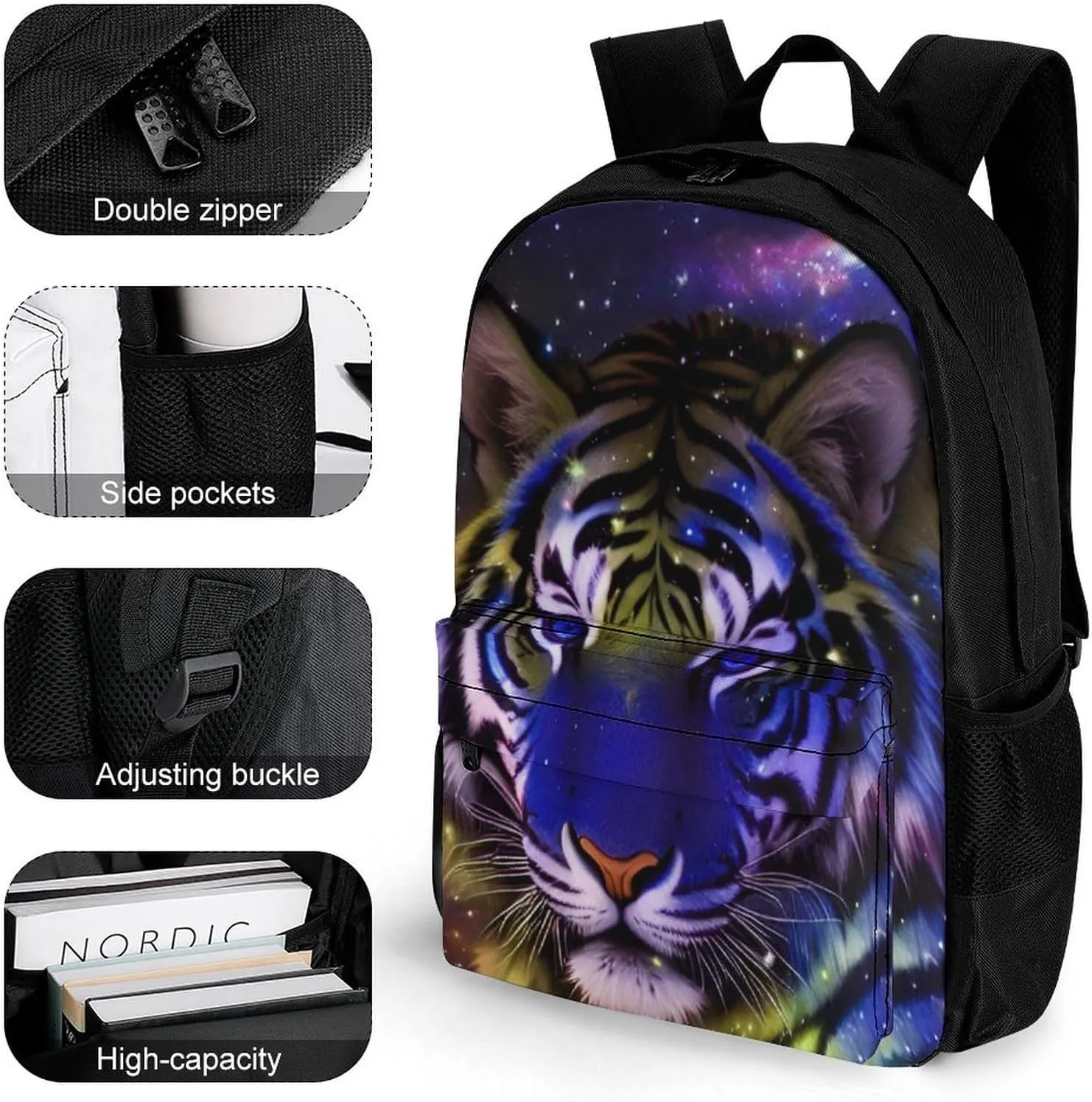 Lightweight Rucksacks for Climbing Outdoors Walking Cycling - Large Capacity Anti-Theft Multipurpose Carry On Bag, Mystic Fantasy Galaxy Sky Fantasy Wild Animals Tiger Art Camping Outdoor Backpack