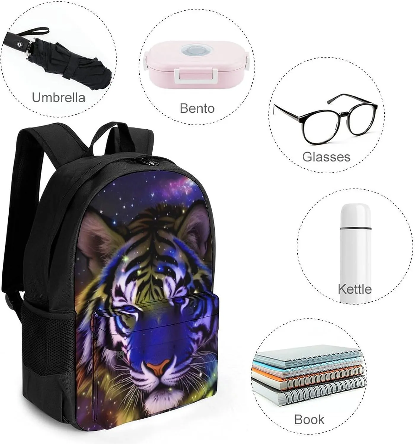 Lightweight Rucksacks for Climbing Outdoors Walking Cycling - Large Capacity Anti-Theft Multipurpose Carry On Bag, Mystic Fantasy Galaxy Sky Fantasy Wild Animals Tiger Art Camping Outdoor Backpack