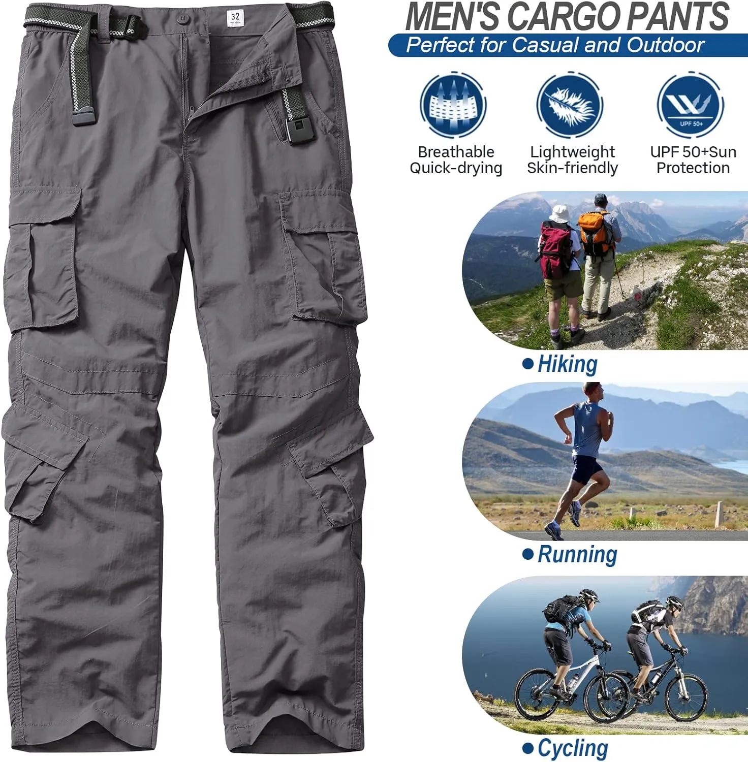 linlon Men's Outdoor Casual Quick Drying Lightweight Hiking Cargo Pants with 8 Pockets