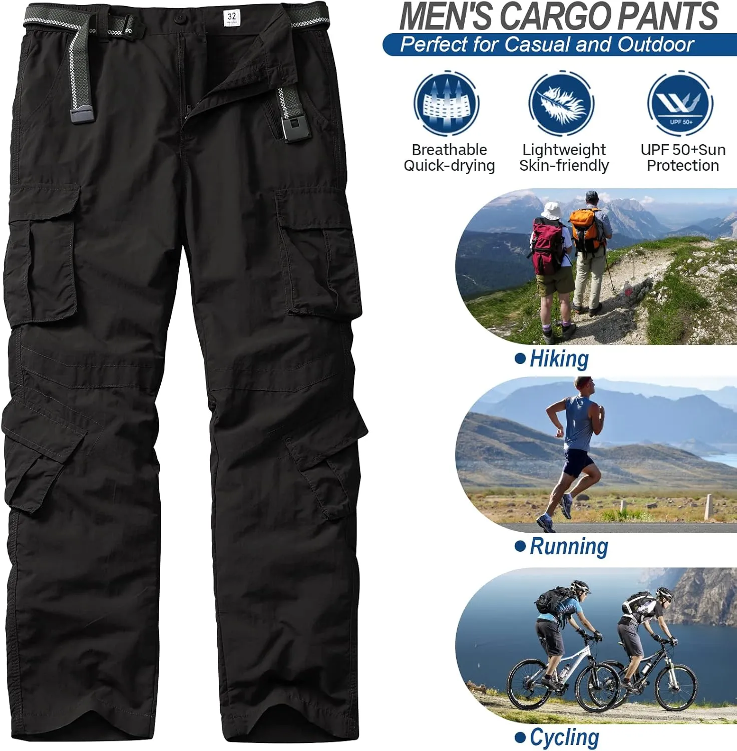 linlon Men's Outdoor Casual Quick Drying Lightweight Hiking Cargo Pants with 8 Pockets