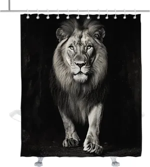 Lion King Shower Curtain, Jungle Vintage Wildlife Lions Shower Curtains Set Black Funny Animal Print Bathroom Decor Accessory with Hooks 72" W x 84" H
