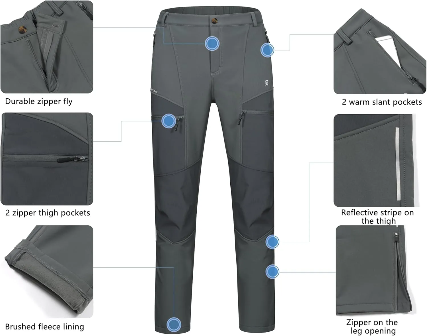 Little Donkey Andy Men's Fleece Lined Hiking Ski Snow Pants, Winter Windproof Softshell Pants, Warm and Water Repellent