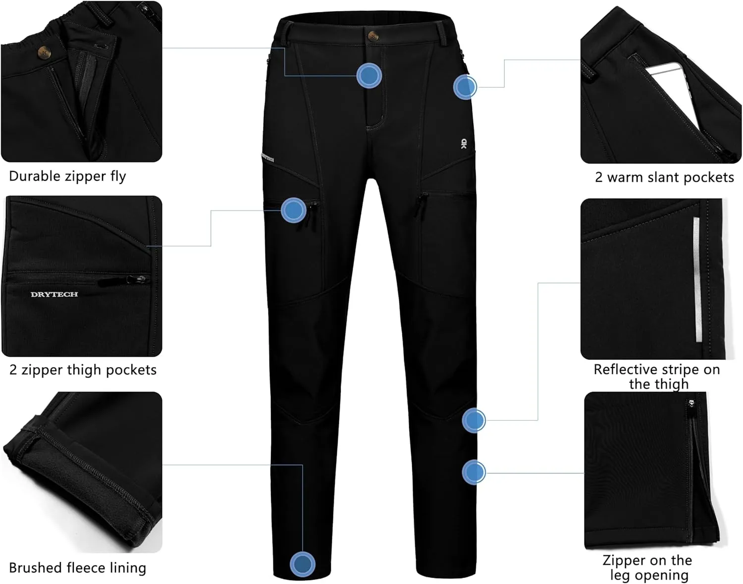 Little Donkey Andy Men's Fleece Lined Hiking Ski Snow Pants, Winter Windproof Softshell Pants, Warm and Water Repellent