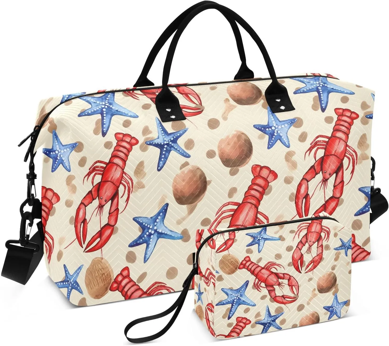 Lobster Starfish Coconut Beige Sports Gym Bag for Women Men Travel Duffel Bag Weekend Overnight Carry on Bag with Toiletry Bag Hospital Bag for Workout Swimming Yoga Plane Hospital
