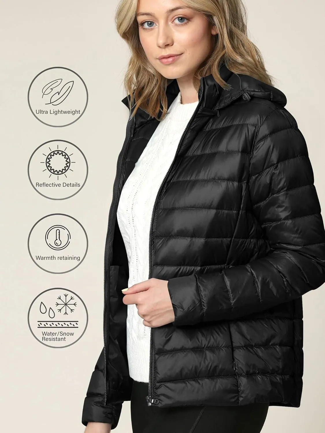 Lock and Love Women's Ultra Light Weight Packable Down Jacket with Removable Hoodie