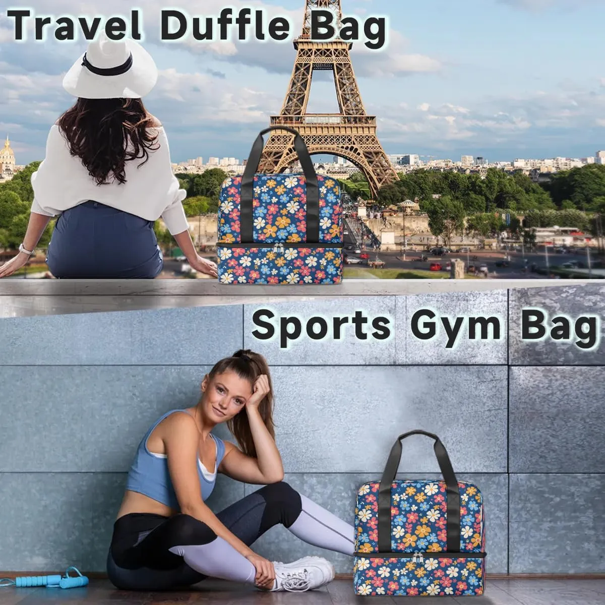 Lovely Flowers Travel Duffel Bag Dry Wet Separated Sports Tote Travel Duffle Bag Gym Workout Bag Women Travel Duffel Bag for Women, Travel, Gym, Work