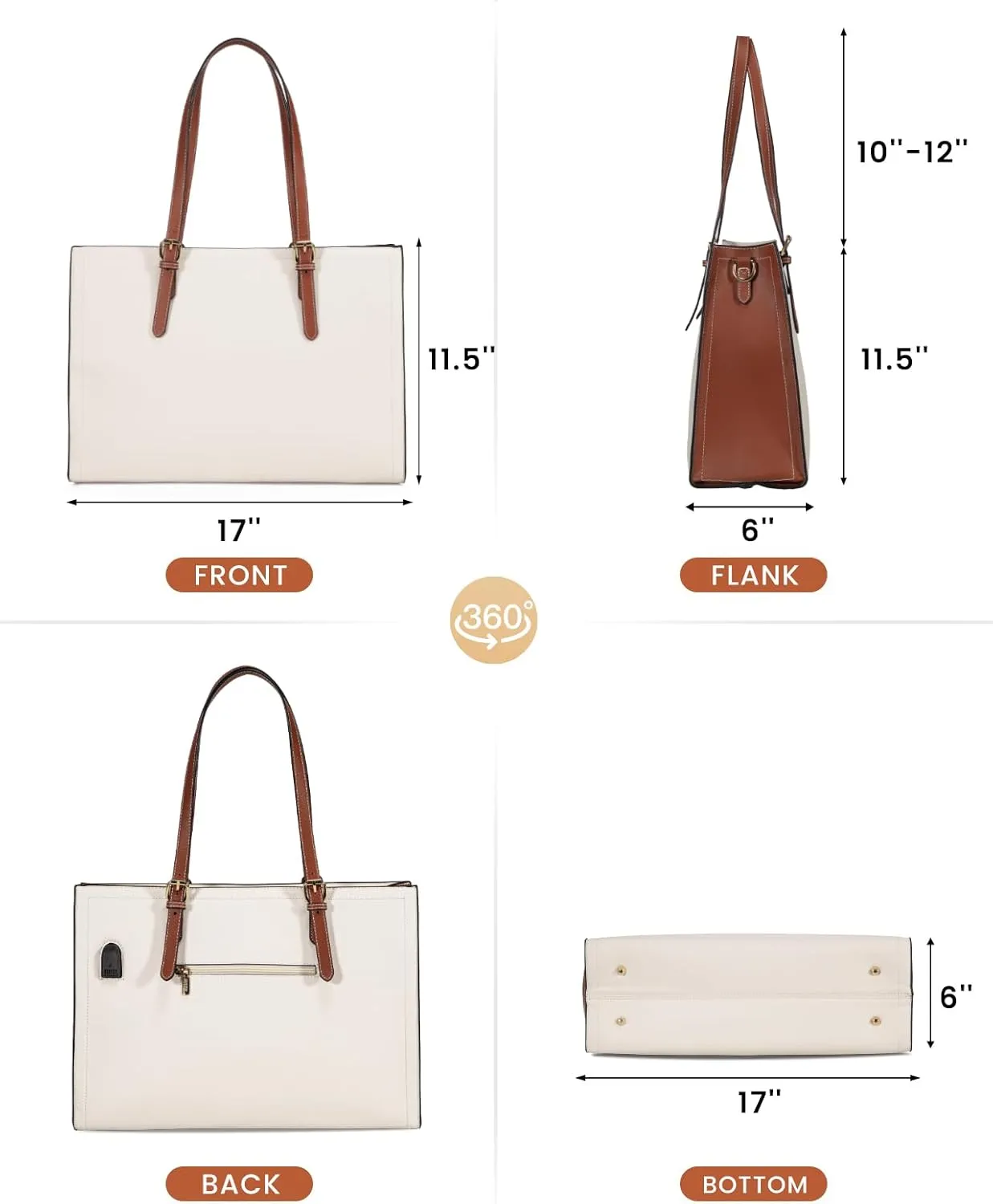 LOVEVOOK 15.6 Inch Laptop Bag for women, Large Waterproof PU Leather Work Briefcase with USB Charging Port Casual Computer Bag Messenger, Fashion Business Office Tote Handbag Purse, White-Brown