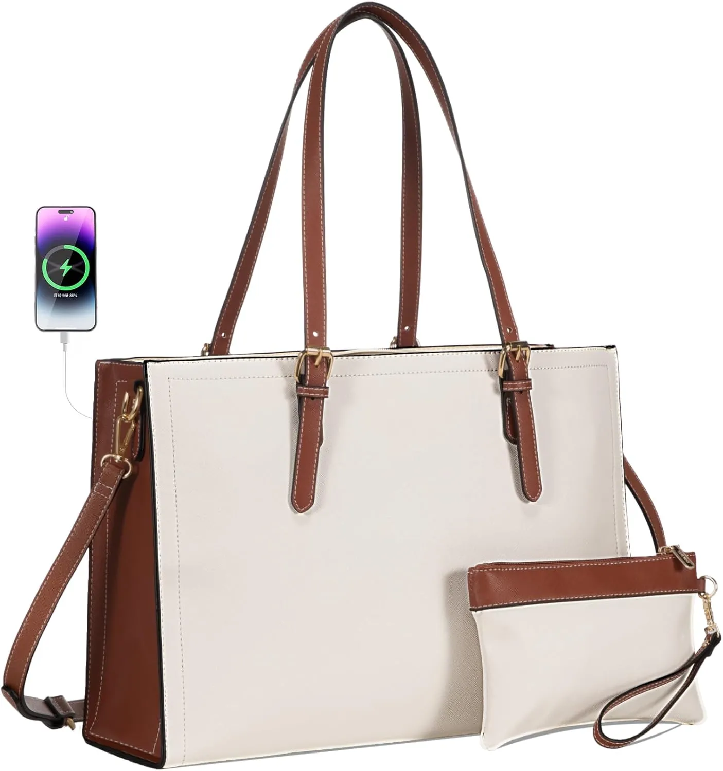 LOVEVOOK 15.6 Inch Laptop Bag for women, Large Waterproof PU Leather Work Briefcase with USB Charging Port Casual Computer Bag Messenger, Fashion Business Office Tote Handbag Purse, White-Brown