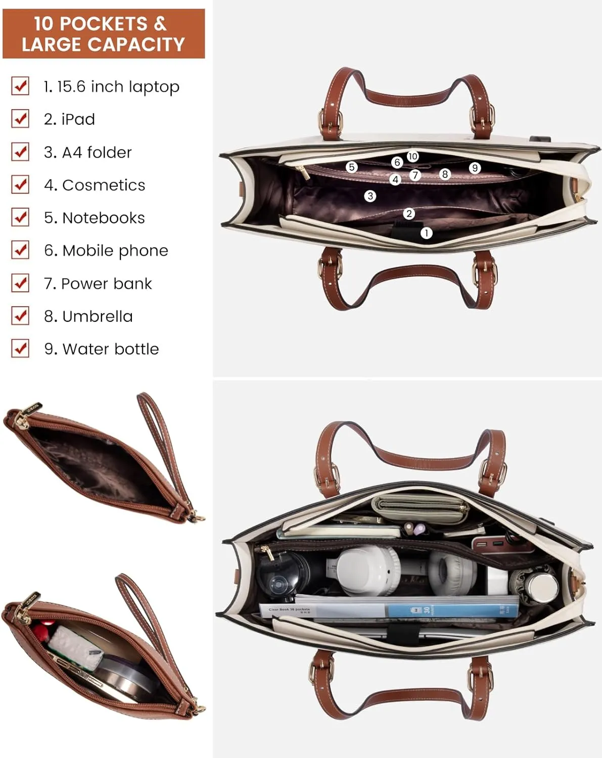 LOVEVOOK 15.6 Inch Laptop Bag for women, Large Waterproof PU Leather Work Briefcase with USB Charging Port Casual Computer Bag Messenger, Fashion Business Office Tote Handbag Purse, White-Brown