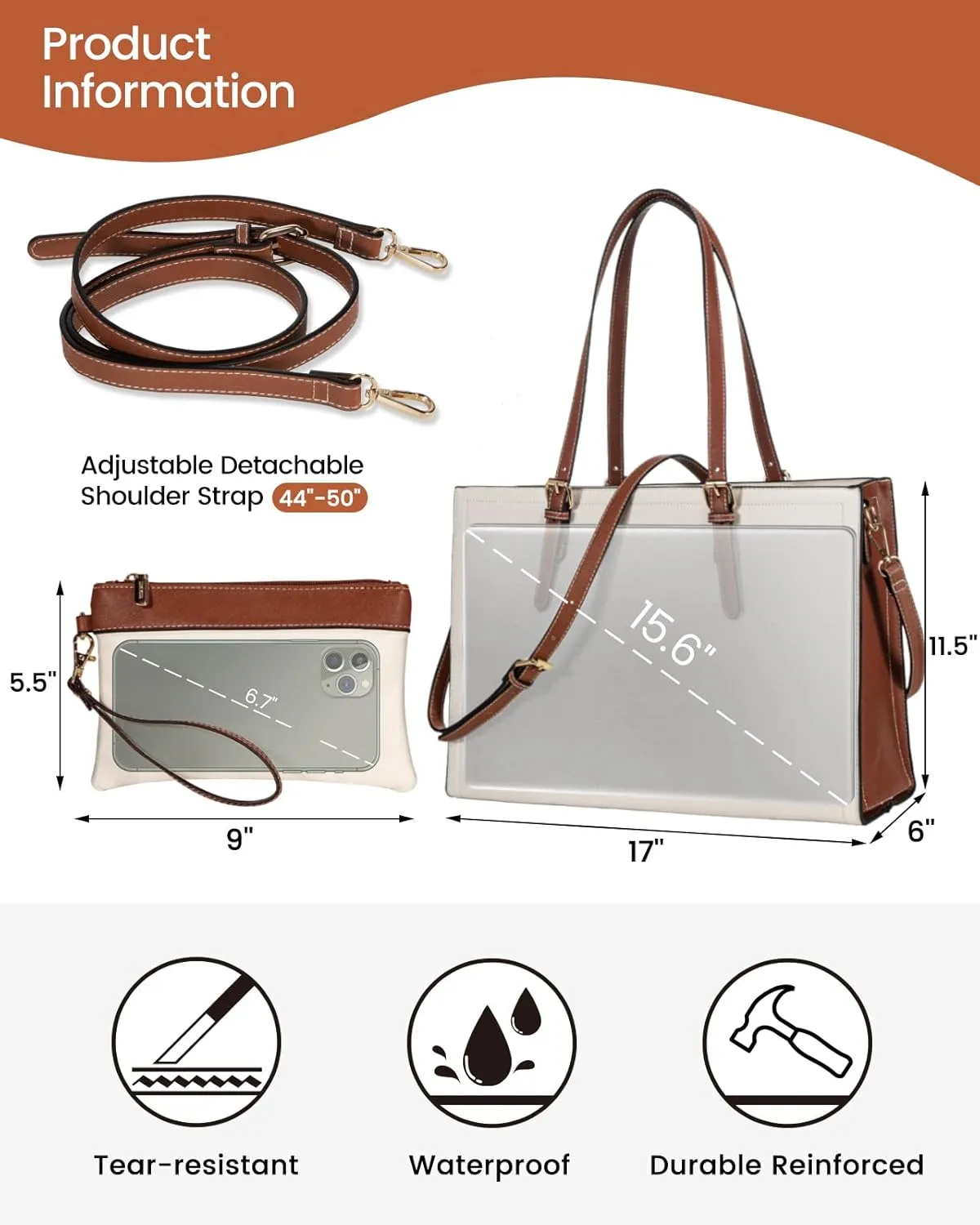 LOVEVOOK 15.6 Inch Laptop Bag for women, Large Waterproof PU Leather Work Briefcase with USB Charging Port Casual Computer Bag Messenger, Fashion Business Office Tote Handbag Purse, White-Brown