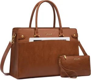 LOVEVOOK 17 Inch Laptop Tote Bag For Women Teacher Work Bag, Leather Computer Bags For Laptops For Women, Vintage Waterproof Laptop Bag Business Briefcase Office Large Shoulder Handbag Purse, Brown