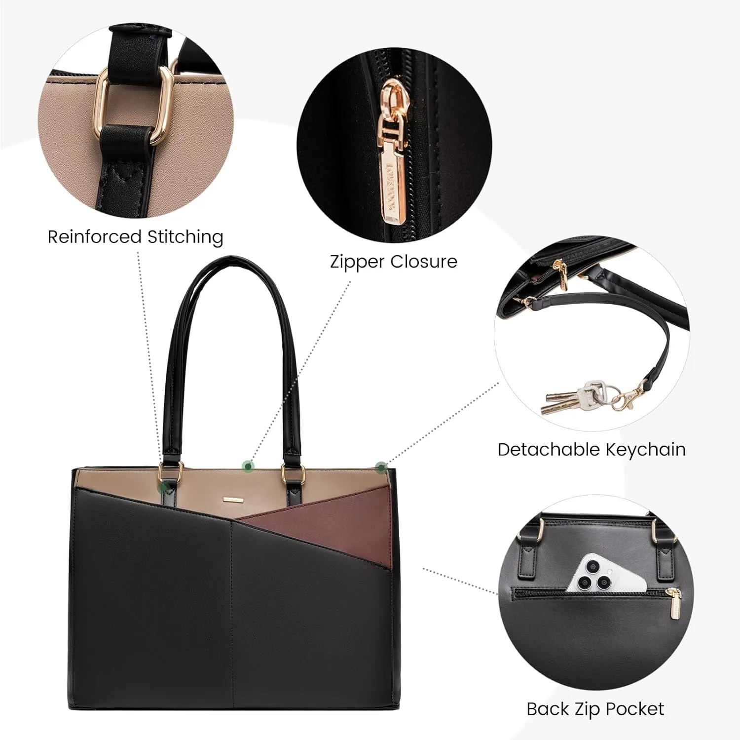 LOVEVOOK Laptop Bag for Women, 15.6 inch Laptop Tote Work Teacher Bags Cancas Computer Shoulder Bag,Black/Coffee/Light Brown
