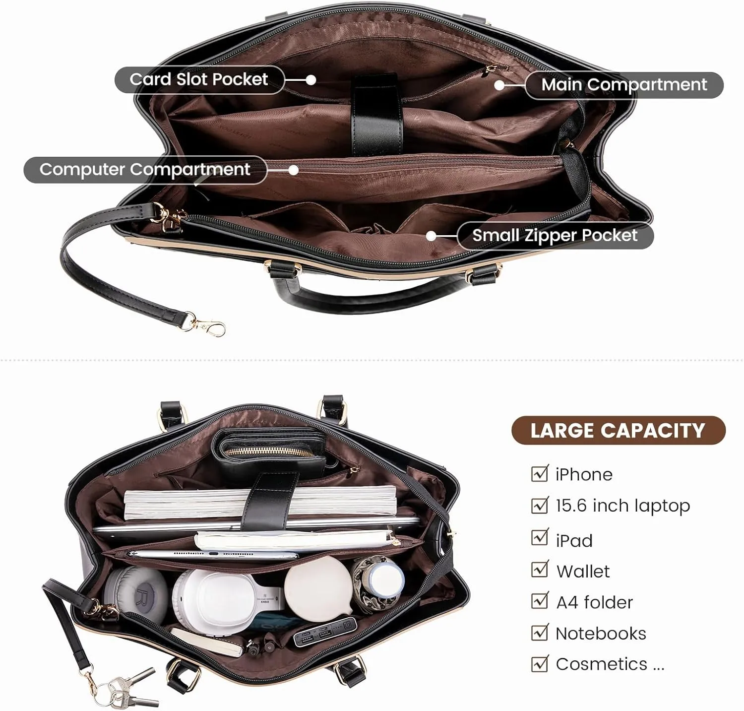 LOVEVOOK Laptop Bag for Women, 15.6 inch Laptop Tote Work Teacher Bags Cancas Computer Shoulder Bag,Black/Coffee/Light Brown
