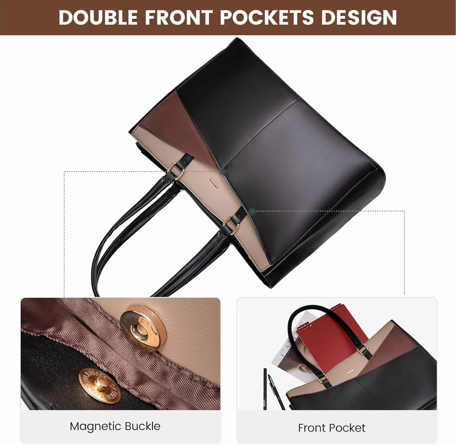 LOVEVOOK Laptop Bag for Women, 15.6 inch Laptop Tote Work Teacher Bags Cancas Computer Shoulder Bag,Black/Coffee/Light Brown