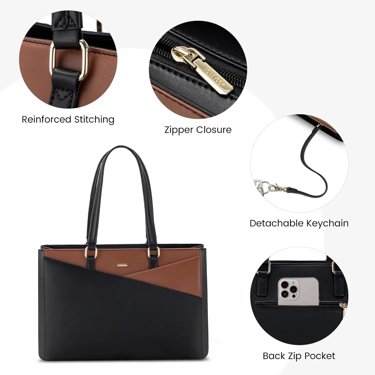 LOVEVOOK Laptop Tote Bag for Women, Office Work Bag Briefcase fit for 15.6 inch Laptop, Large Capacity Teacher Computer Bag Handbag Black/Brown