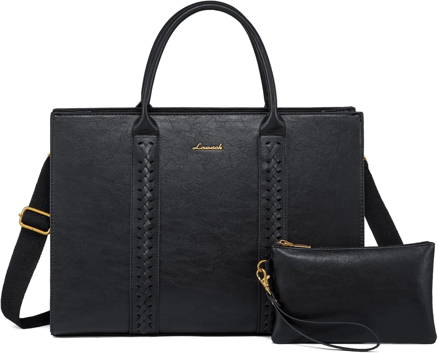 LOVEVOOK Laptop Tote Bag for Women, Vintage Leather Work Bags 17 inch Laptop Bag, Waterproof Professional Computer Bag Business Office Briefcase Large Shoulder Bag Handbag, Black
