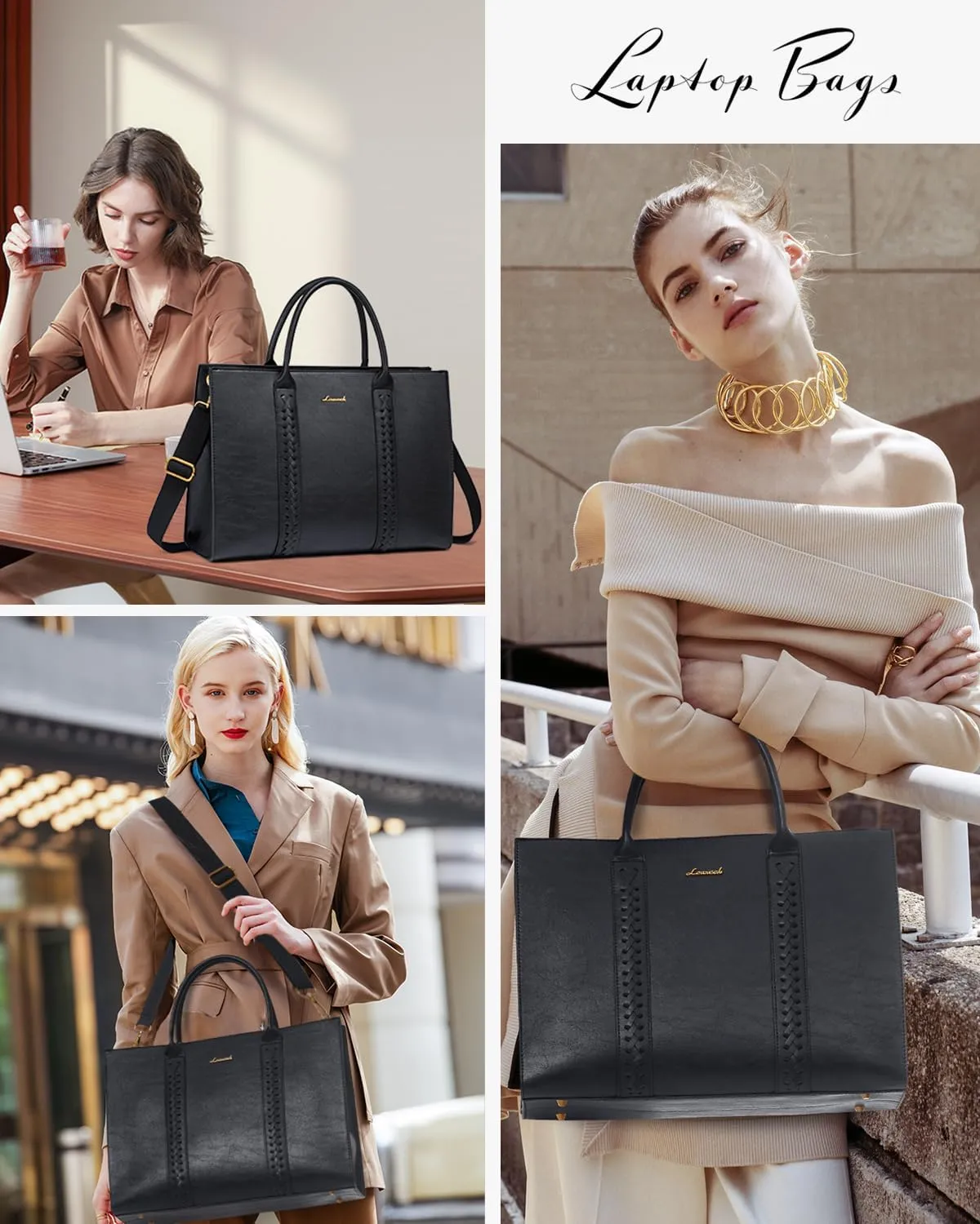 LOVEVOOK Laptop Tote Bag for Women, Vintage Leather Work Bags 17 inch Laptop Bag, Waterproof Professional Computer Bag Business Office Briefcase Large Shoulder Bag Handbag, Black