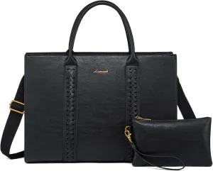 LOVEVOOK Laptop Tote Bag for Women, Vintage Leather Work Bags 17 inch Laptop Bag, Waterproof Professional Computer Bag Business Office Briefcase Large Shoulder Bag Handbag, Black