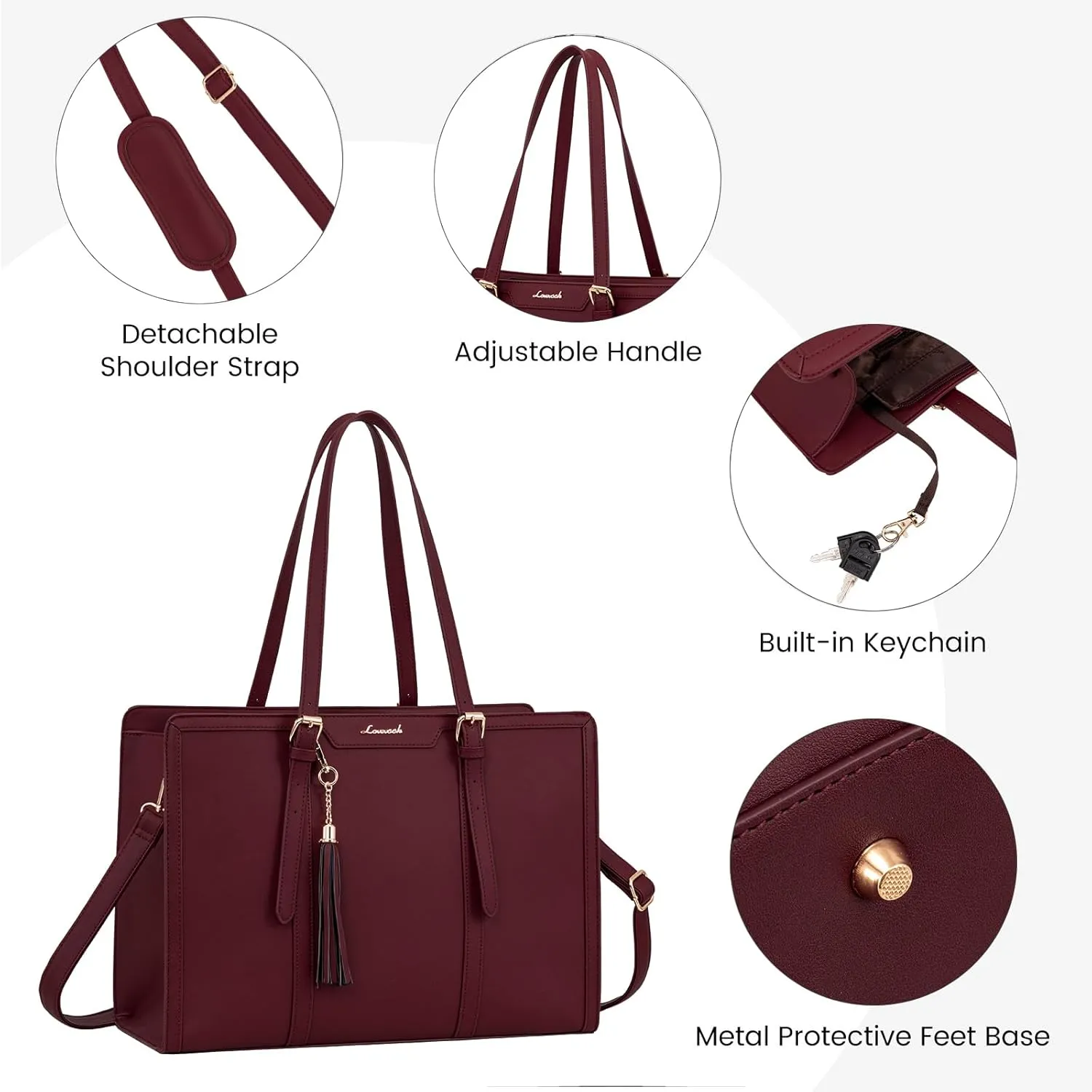 LOVEVOOK Laptop Tote for Women - 15.6 inch Lightweight PU Laptop Bag, Large Capacity Computer Bag with Clutch Purse for Business, Work, Office, Travel, Claret