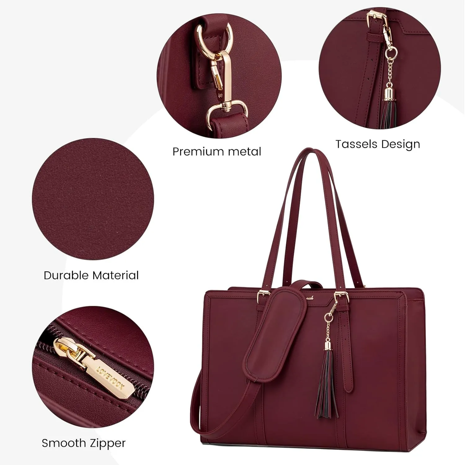 LOVEVOOK Laptop Tote for Women - 15.6 inch Lightweight PU Laptop Bag, Large Capacity Computer Bag with Clutch Purse for Business, Work, Office, Travel, Claret