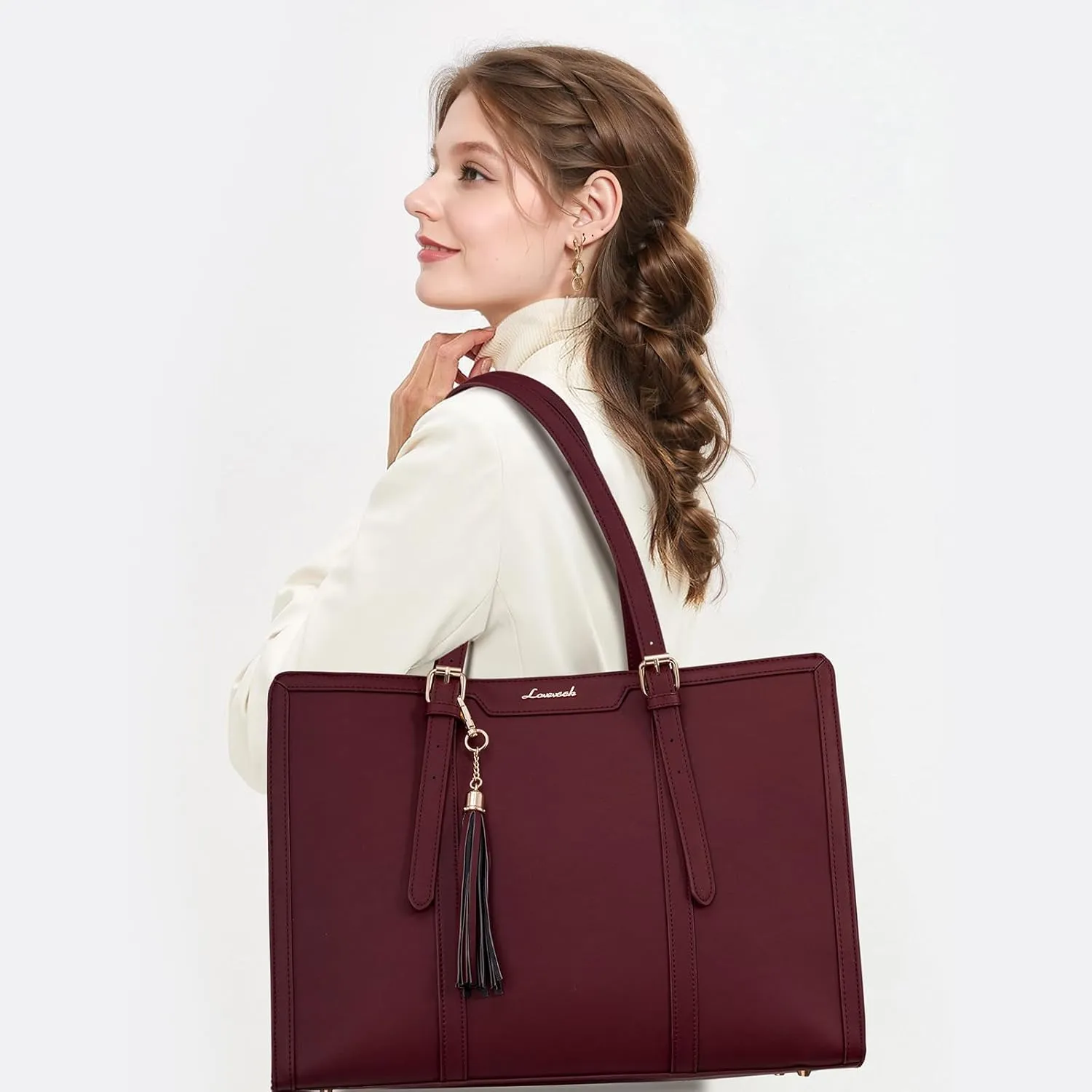 LOVEVOOK Laptop Tote for Women - 15.6 inch Lightweight PU Laptop Bag, Large Capacity Computer Bag with Clutch Purse for Business, Work, Office, Travel, Claret