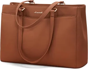 LOVEVOOK Tote Bag for Women Work, Laptop Bag Teacher Tote Bags, Waterproof Leather Computer Bag, Business Laptop Purse Office Handbag Professional Briefcase, 17 Inch, Brown