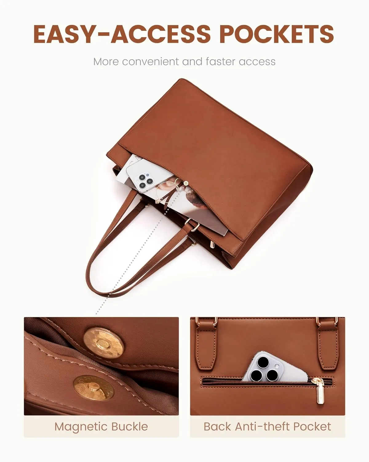 LOVEVOOK Tote Bag for Women Work, Laptop Bag Teacher Tote Bags, Waterproof Leather Computer Bag, Business Laptop Purse Office Handbag Professional Briefcase, 17 Inch, Brown