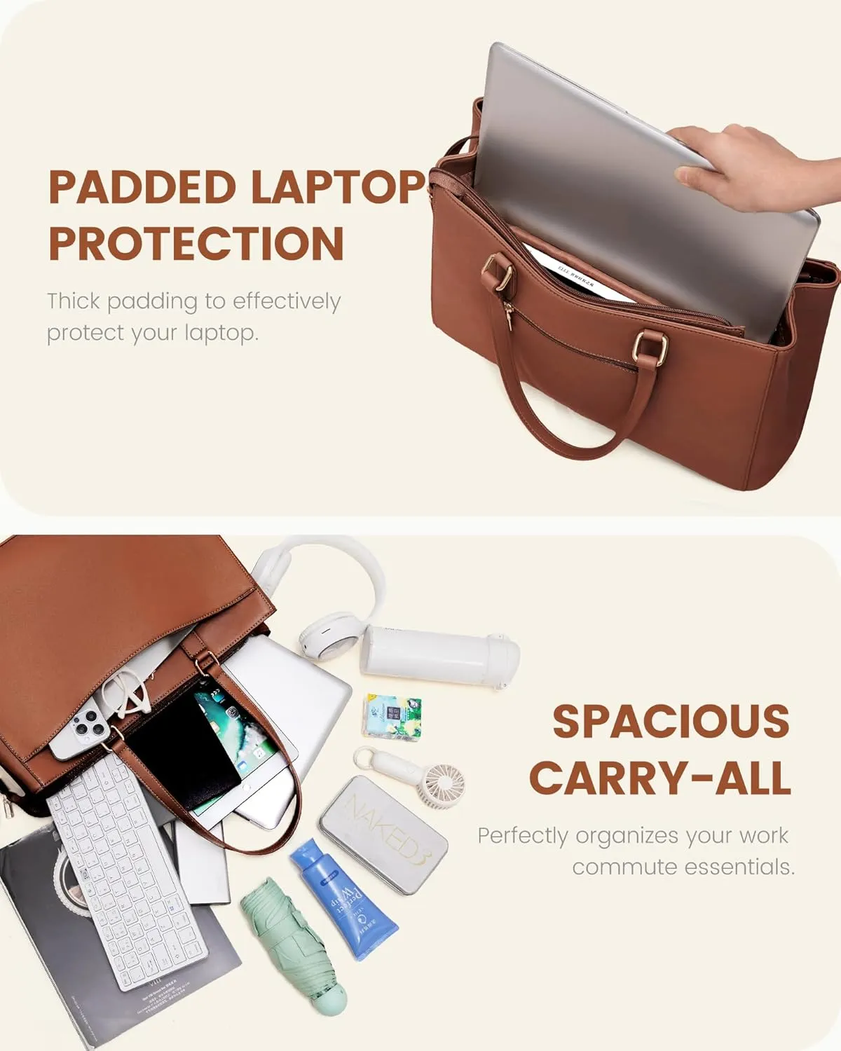 LOVEVOOK Tote Bag for Women Work, Laptop Bag Teacher Tote Bags, Waterproof Leather Computer Bag, Business Laptop Purse Office Handbag Professional Briefcase, 17 Inch, Brown