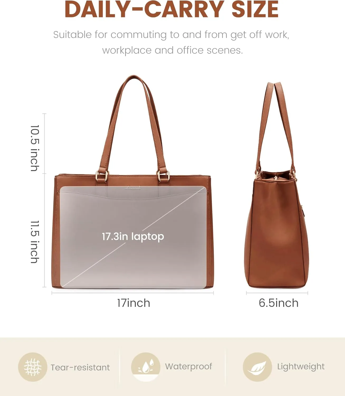 LOVEVOOK Tote Bag for Women Work, Laptop Bag Teacher Tote Bags, Waterproof Leather Computer Bag, Business Laptop Purse Office Handbag Professional Briefcase, 17 Inch, Brown