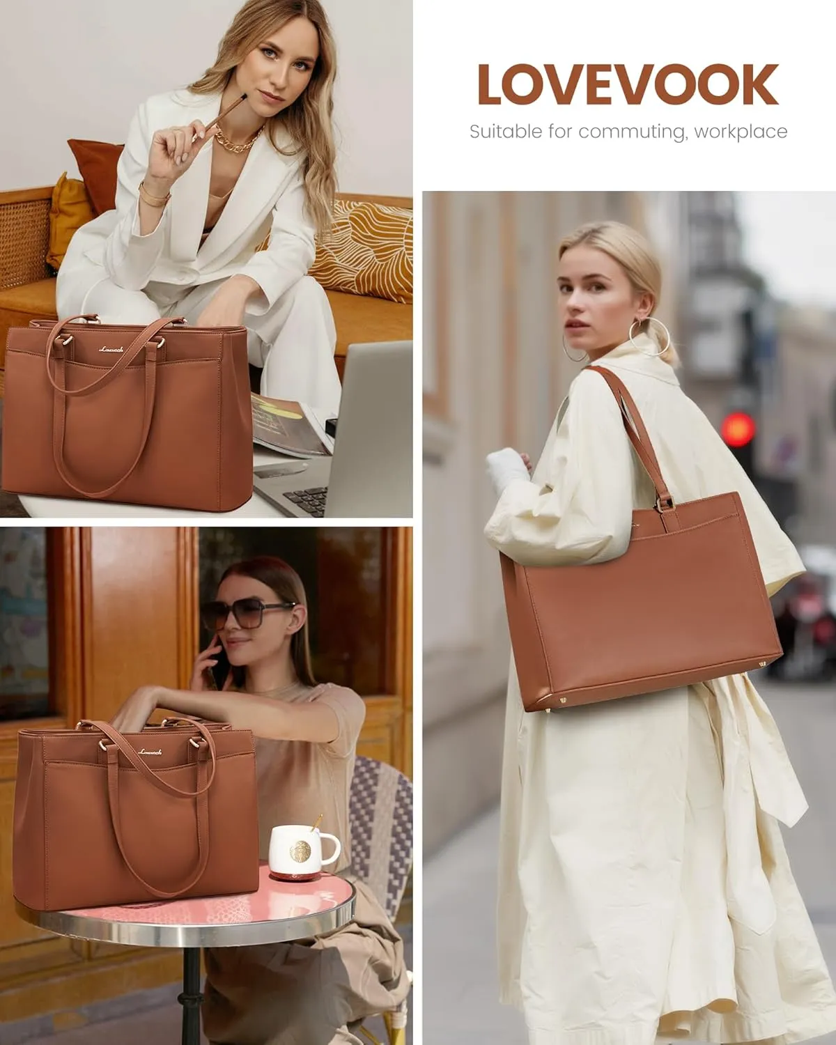 LOVEVOOK Tote Bag for Women Work, Laptop Bag Teacher Tote Bags, Waterproof Leather Computer Bag, Business Laptop Purse Office Handbag Professional Briefcase, 17 Inch, Brown