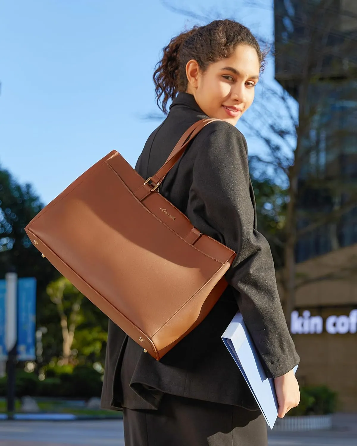 LOVEVOOK Tote Bag for Women Work, Laptop Bag Teacher Tote Bags, Waterproof Leather Computer Bag, Business Laptop Purse Office Handbag Professional Briefcase, 17 Inch, Brown