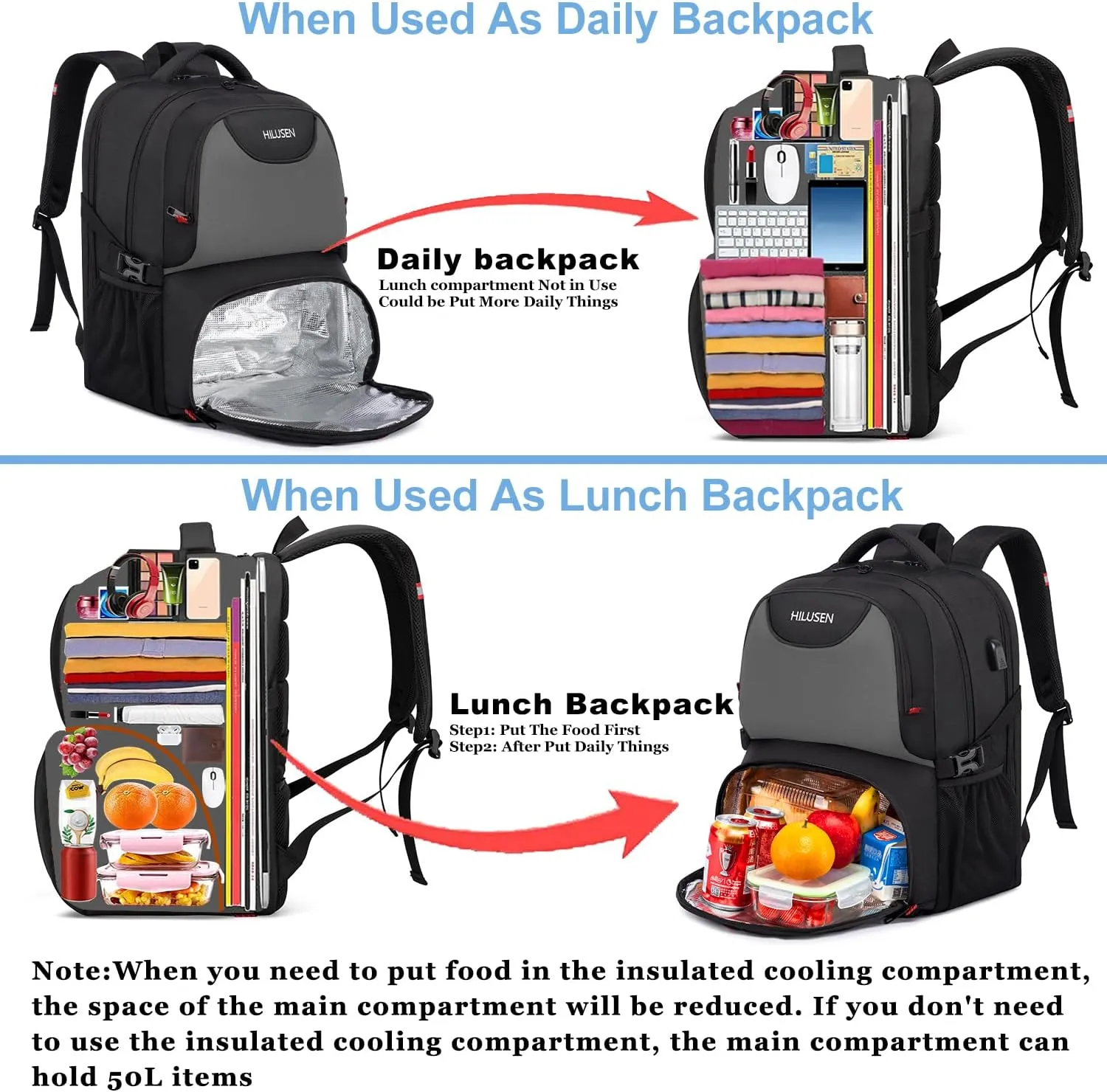 Lunch Bag Backpack, Insulated Cooler Lunch Box Backpack, Extra Large 17inch Travel Laptop Backpack 50L with USB Charging Port, Water Resistant Big work Backpack for Men Women , Grey