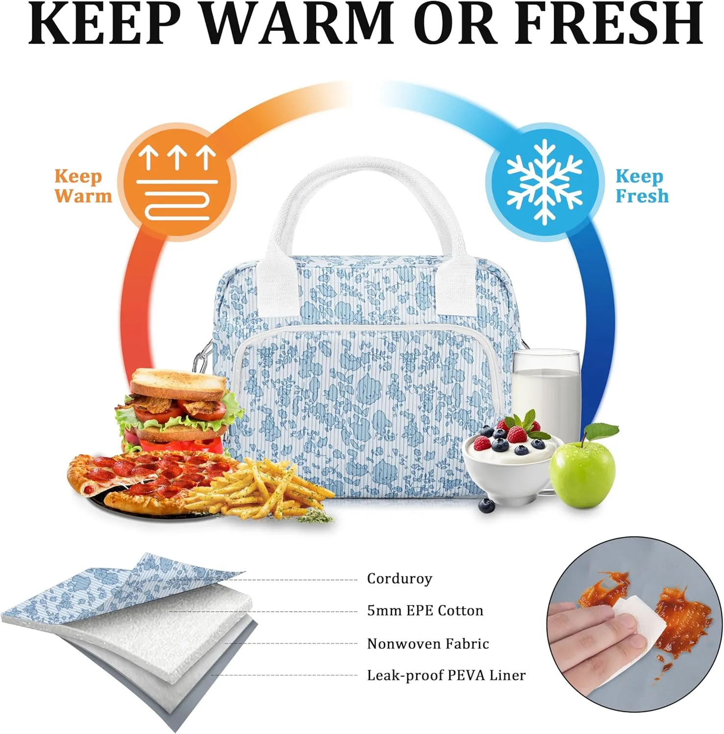 Lunch Box for Women Insulated Lunch Bag Cute Corduroy Lunch Tote Bags Lightweight Reusable Leakproof Cooler Bag with Adjustable Shoulder Strap for Work Office Travel Picnic (Blue Flower)