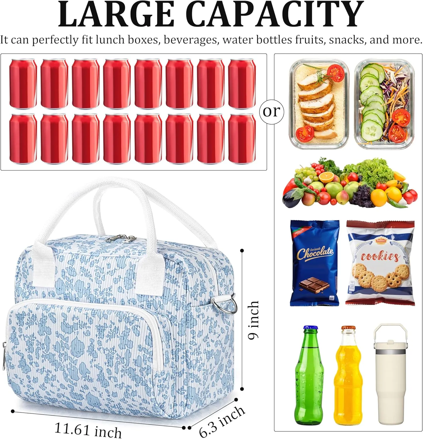 Lunch Box for Women Insulated Lunch Bag Cute Corduroy Lunch Tote Bags Lightweight Reusable Leakproof Cooler Bag with Adjustable Shoulder Strap for Work Office Travel Picnic (Blue Flower)