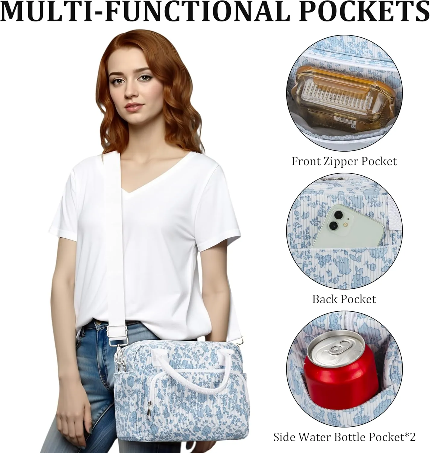 Lunch Box for Women Insulated Lunch Bag Cute Corduroy Lunch Tote Bags Lightweight Reusable Leakproof Cooler Bag with Adjustable Shoulder Strap for Work Office Travel Picnic (Blue Flower)
