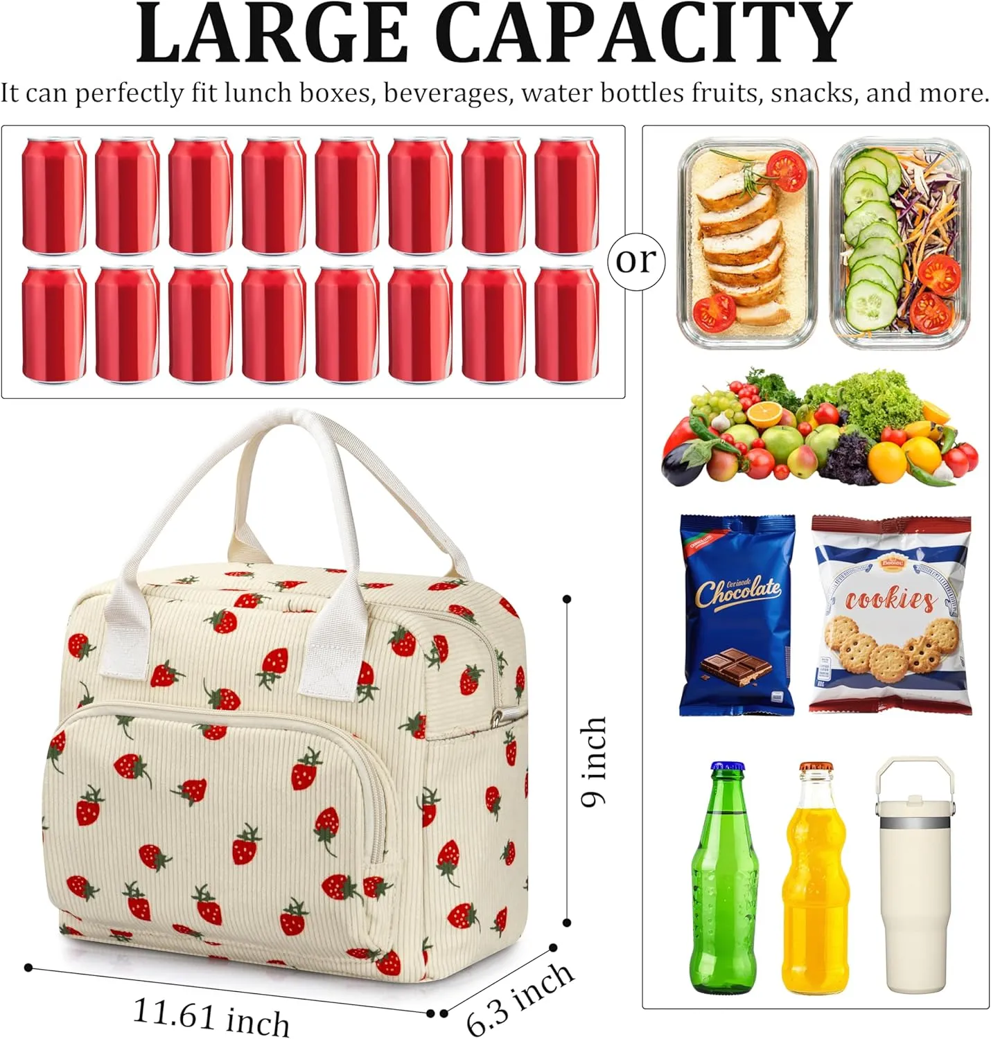 Lunch Box for Women Insulated Lunch Bag Cute Corduroy Lunch Tote Bags Lightweight Reusable Leakproof Cooler Bag with Adjustable Shoulder Strap for Work Office Travel Picnic (Strawberry)