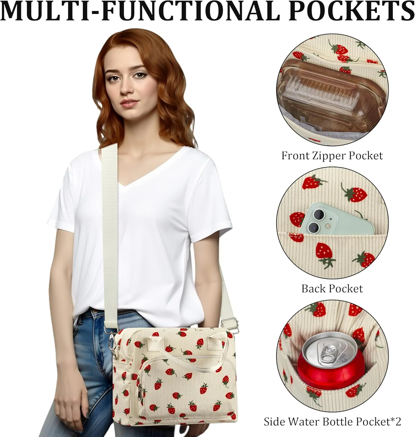 Lunch Box for Women Insulated Lunch Bag Cute Corduroy Lunch Tote Bags Lightweight Reusable Leakproof Cooler Bag with Adjustable Shoulder Strap for Work Office Travel Picnic (Strawberry)