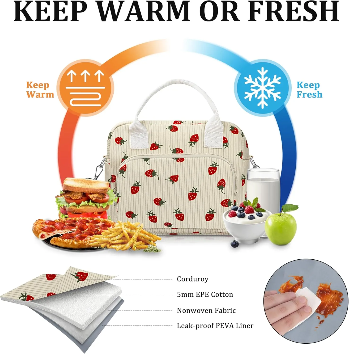 Lunch Box for Women Insulated Lunch Bag Cute Corduroy Lunch Tote Bags Lightweight Reusable Leakproof Cooler Bag with Adjustable Shoulder Strap for Work Office Travel Picnic (Strawberry)